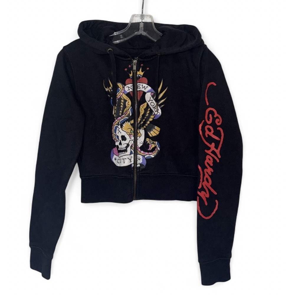 Ed Hardy Womens M Black NYC Skull Cropped Zip Hoodie Tattoo Y2K Eagle Snake